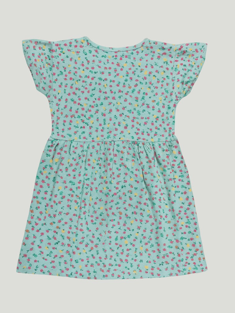 Kidbea Girls Cotton Frock | Soft & Breathable Fabric | Flutter Sleeve Casual Wear for Kids | Teal