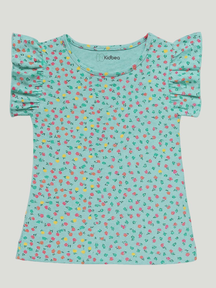 Kidbea Girls Floral Print Clothing Set | Ruffle Sleeve Top and Matching Shorts | Teal