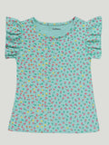 Girl Floral Print Clothing Set | Ruffle Sleeve Top and Matching Shorts | Teal