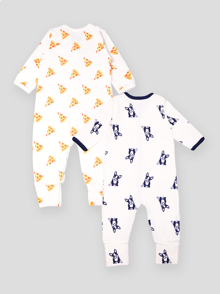 Kidbea 100% Organic cotton Pack of 2 full Buttons romper | Pizza | Dog