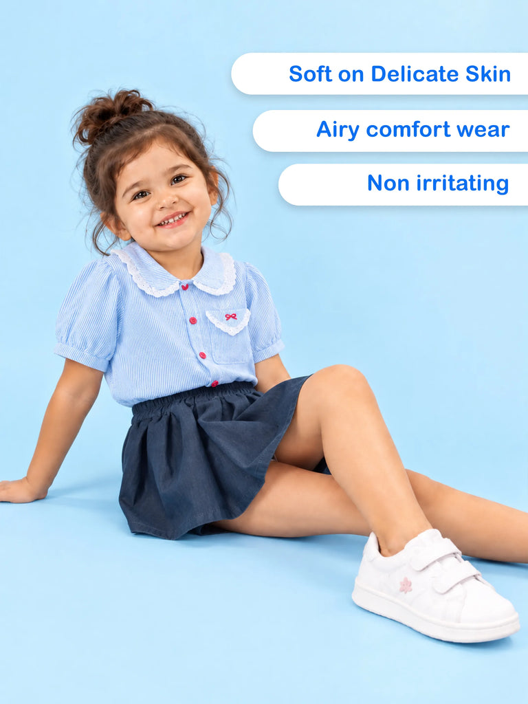 Girls Cotton Co-Ord Set – Blue Striped Shirt with Navy Flared Skirt
