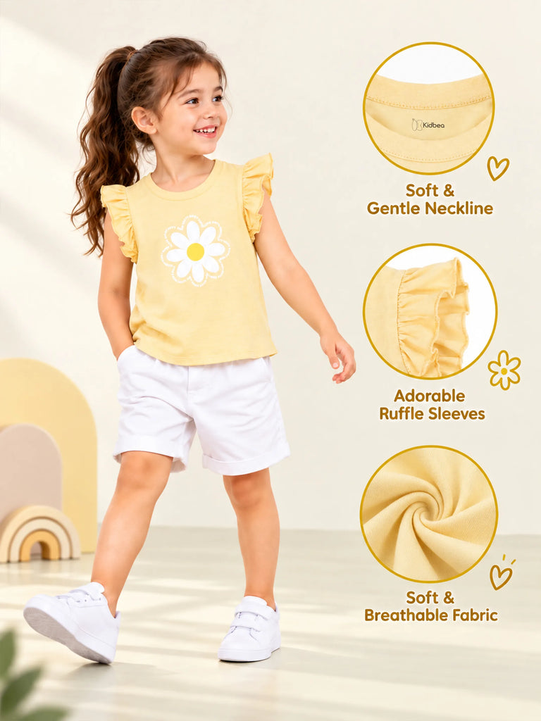 Girls Yellow Top – Daisy Flower Print with Ruffle Sleeves
