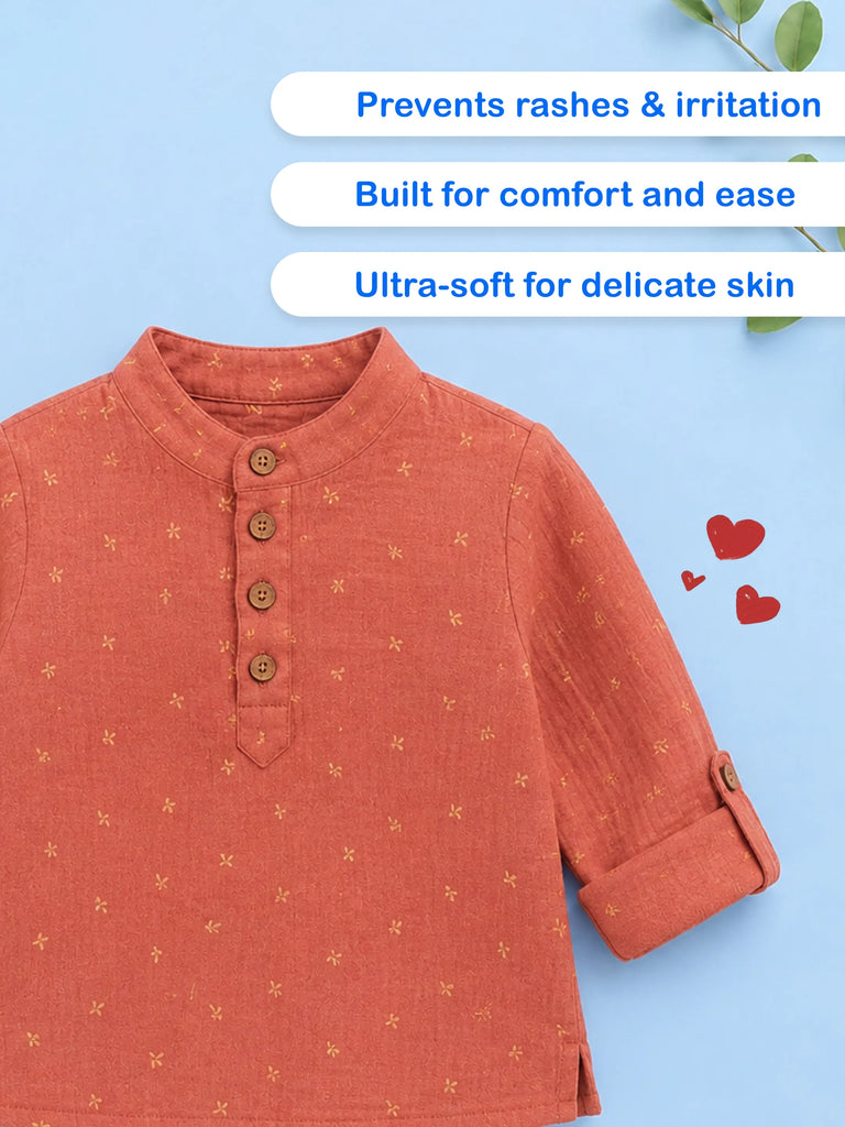 Organic Cotton Boys Mandarin Collar Full Sleeve Shirt - Rust Orange