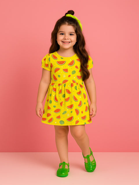 Kidbea Girls Cotton Summer Dress | Half Sleeves | Kids Printed Casual Wear Frock | Yellow
