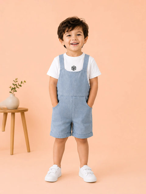 Boys Cotton Denim Dungaree Shorts with White T-Shirt Co-ord Set - Light Blue