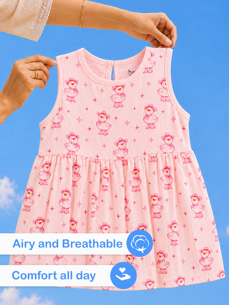 BambooTEC™ Bamboo Muslin Baby Frock – Pink Duck Print, Soft & Breathable Dress