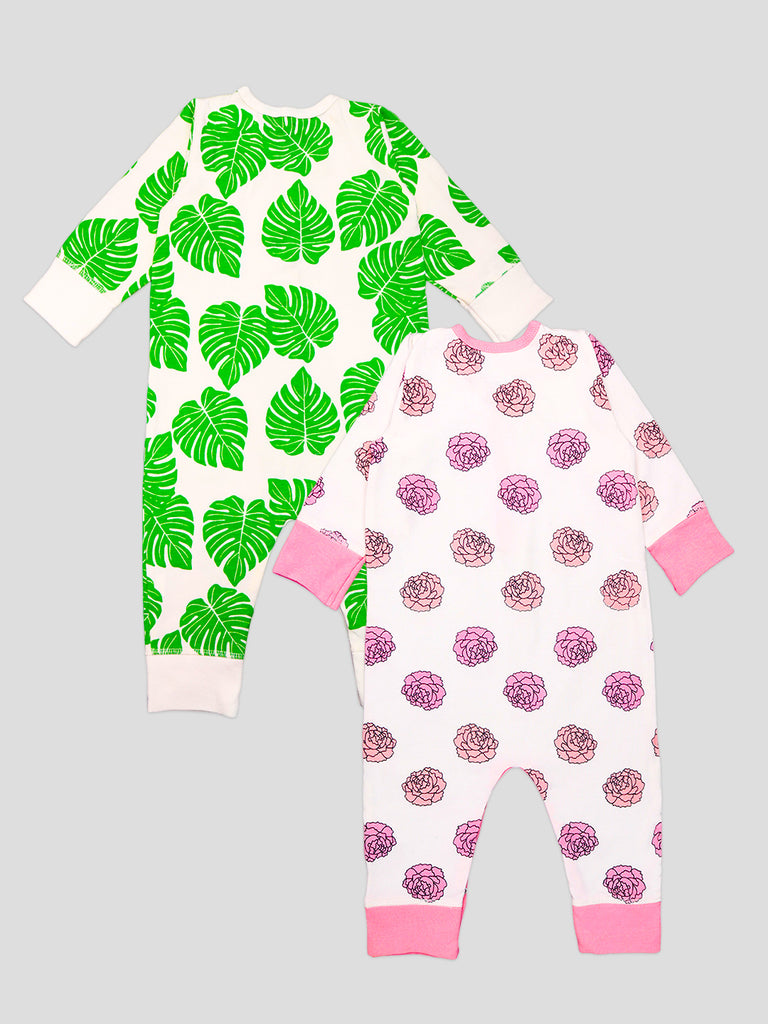 Kidbea 100% Organic Cotton Romper Bodysuit Jumpsuit Combo 2 Designs Color leaf and flower Printed 9-12 Month