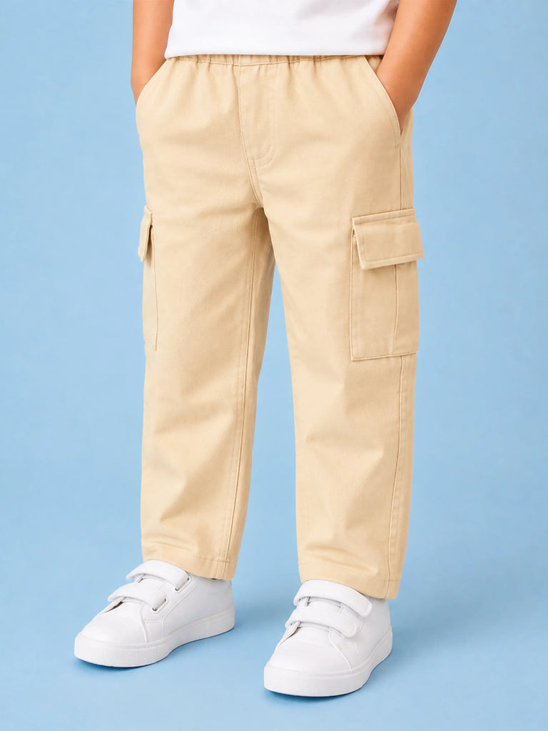 Unisex Light Beige Cotton Kids Cargo Pants – Comfortable Everyday Bottomwear