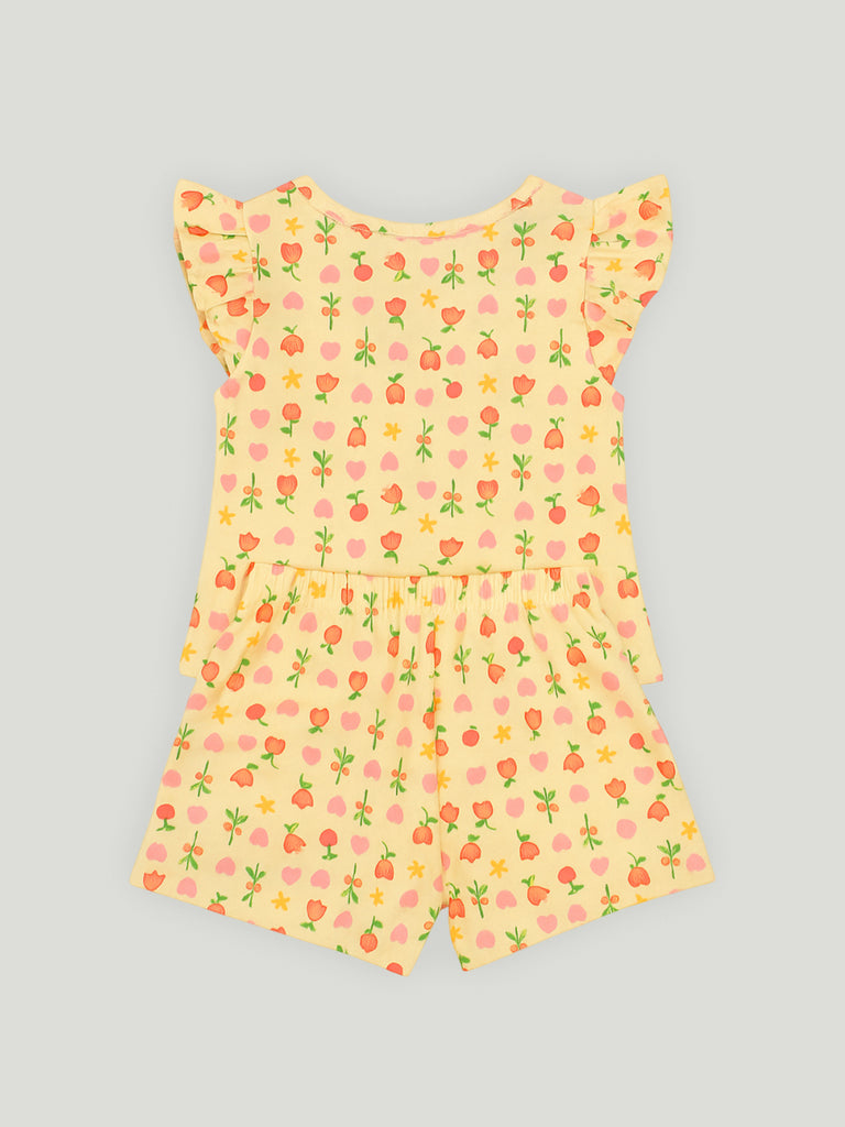 Kidbea Girls Floral and Heart Print Clothing Set | Short Sleeve Ruffle Top and Elastic Waist Shorts for Kids | Yellow