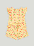 Kidbea Girls Floral and Heart Print Clothing Set | Short Sleeve Ruffle Top and Elastic Waist Shorts for Kids | Yellow
