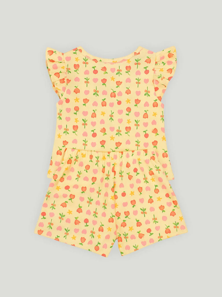 Girls Floral and Heart Print Clothing Set | Short Sleeve Ruffle Top and Elastic Waist Shorts for Kids | Yellow