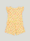 Girls Floral and Heart Print Clothing Set | Short Sleeve Ruffle Top and Elastic Waist Shorts for Kids | Yellow