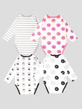 Kidbea 100% Organic cotton baby Pack of 4 onesies Unisex | Donut,cup, Flower & Strips - Grey