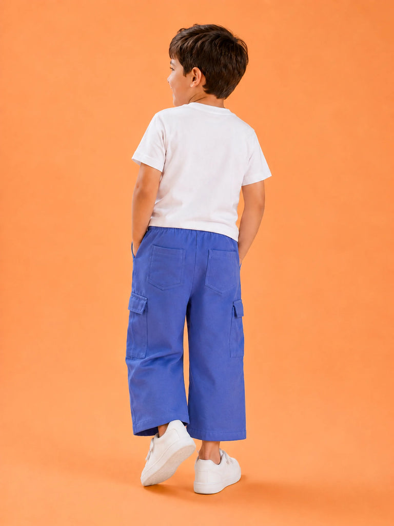 Unisex Blue Cotton Kids Cargo Jogger Pants – Comfortable Everyday Bottomwear
