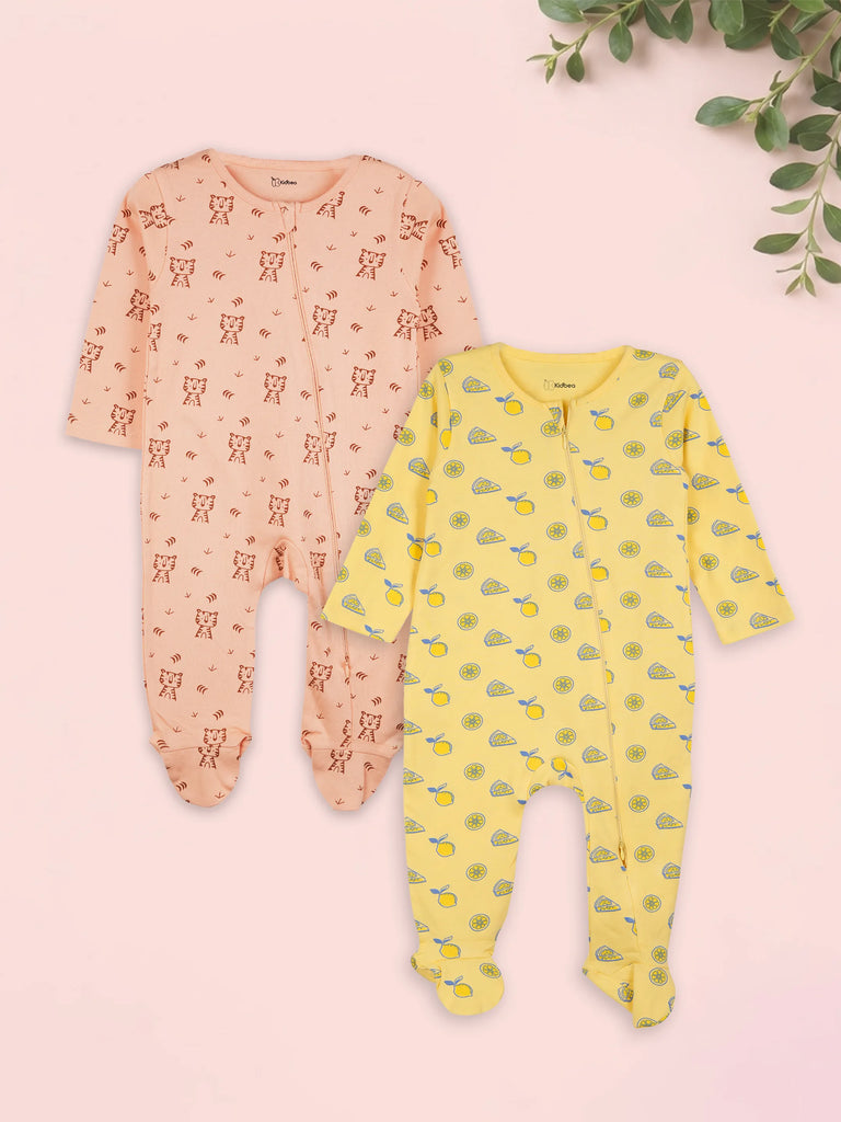 Organic Cotton Baby Romper Pack of 2 – Tiger & Lemon Print Full Sleeve Zip Sleepsuit