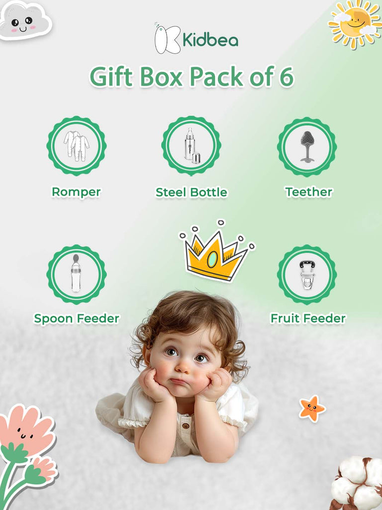 Kidbea® Premium Baby Gift Set – Pack of 6 Essentials | 2 Organic Rompers, Steel Feeding Bottle, Food Feeder, Spoon Feeder & Teether | Thoughtful Newborn Gift Box for New Parents