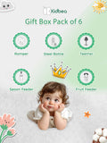 Kidbea® Premium Baby Gift Set – Pack of 6 Essentials | 2 Organic Rompers, Steel Feeding Bottle, Food Feeder, Spoon Feeder & Teether | Thoughtful Newborn Gift Box for New Parents