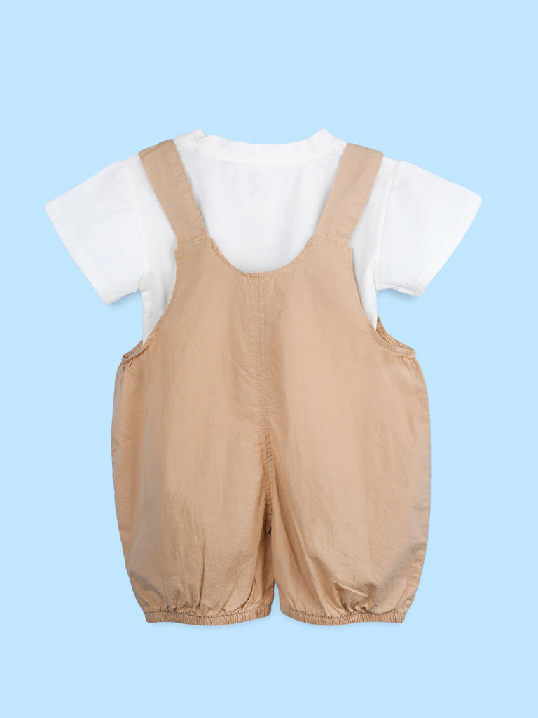 Kids Cotton Dungaree Set with T-Shirt – Beige Suspender Romper & White Tee Set