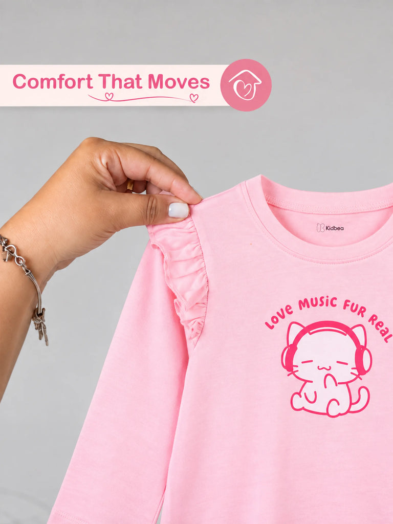 Girls Pink Full-Sleeve Top – Love Music Fur Real Print