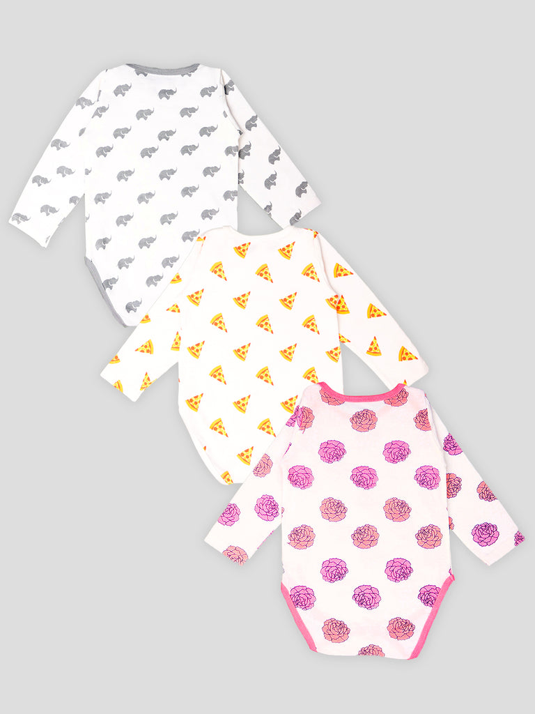 Kidbea 100% Organic cotton baby Pack of 3 onesies Unisex | Flower, Cup and Strips - Grey