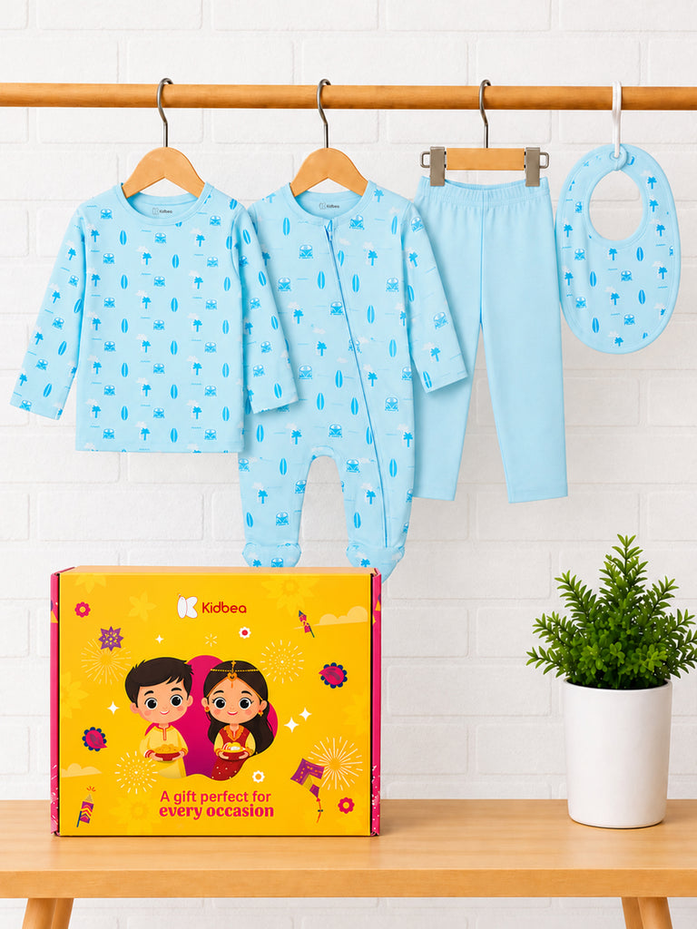 Organic Cotton Baby Gift Set – Beach Print T-Shirt, Pyjama, Full Romper & Bib for 0–18 Months (4 Piece Set)