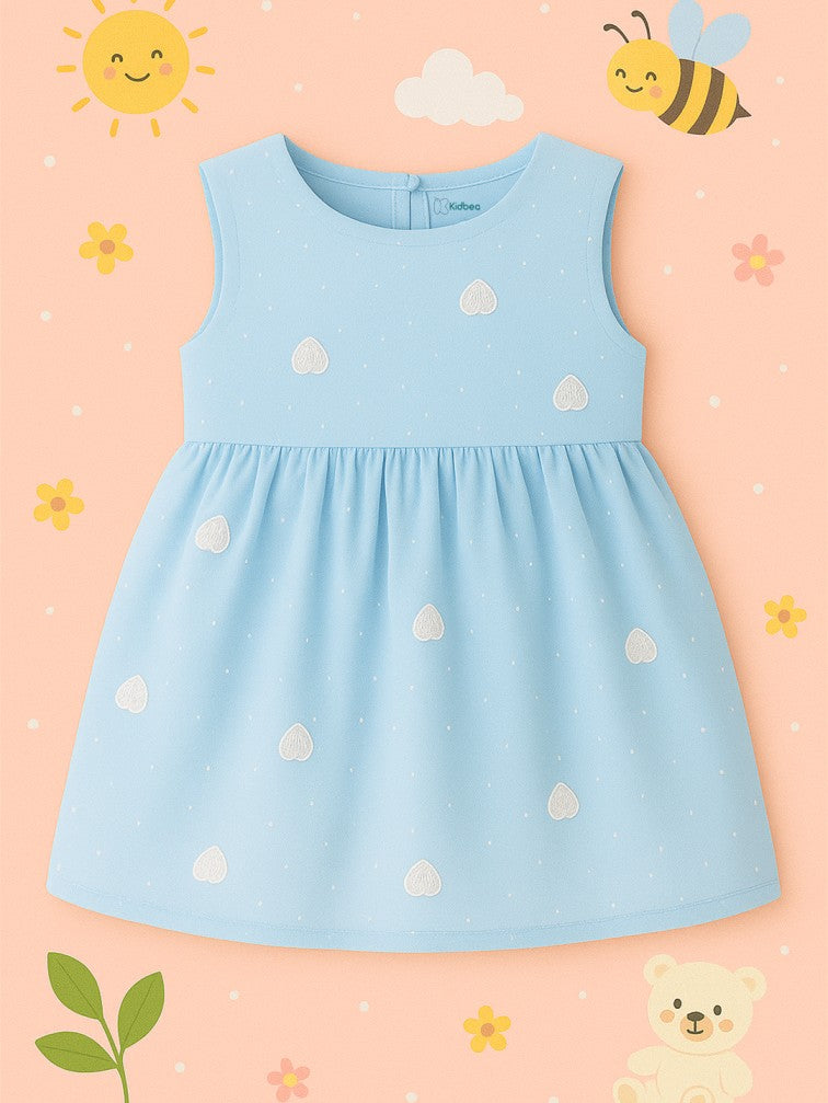 Kidbea Baby Girl Party/Birthday Dress | Sleeveless Stylish Frock with White Heart Embroidery & Tulle Layer | Ideal for Toddlers & Infants Blue