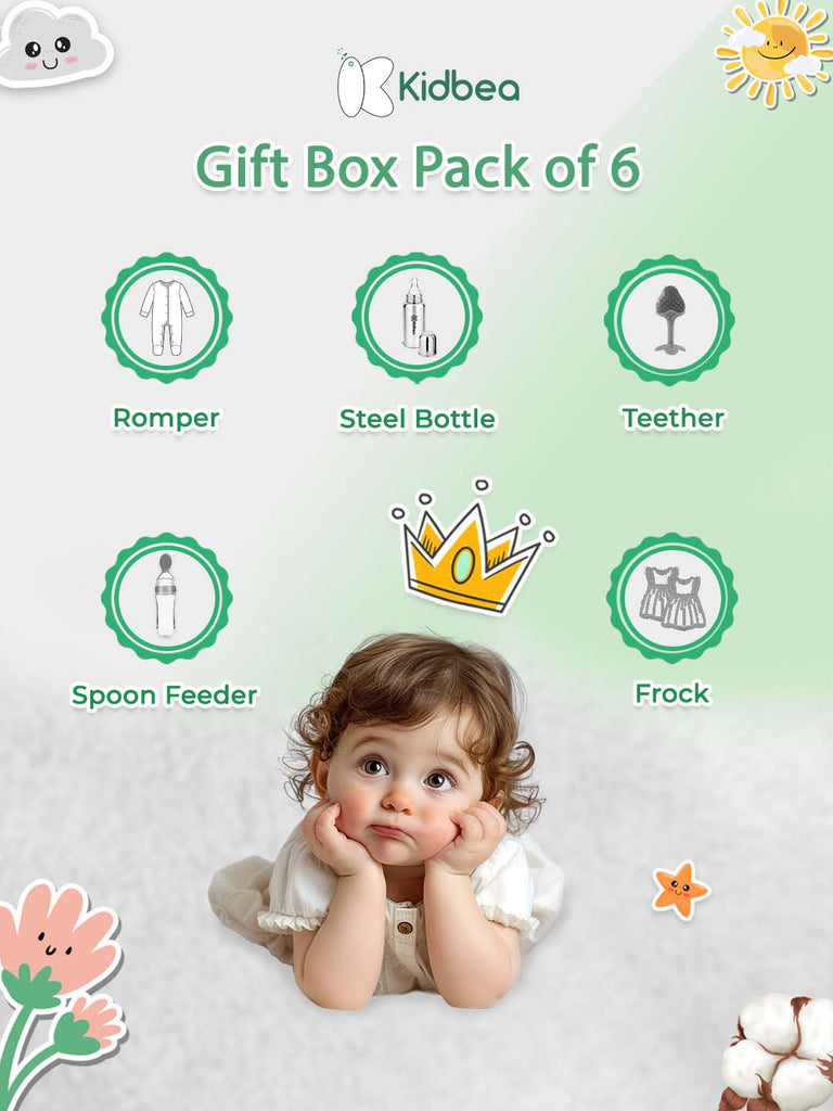 Kidbea® Premium Baby Gift Set – Pack of 6 Items | 2 Organic Cotton Rompers, Steel Bottle, Linen Frock, Teether & Spoon Feeder