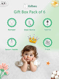 Kidbea® Premium Baby Gift Set – Pack of 6 Items | 2 Organic Cotton Rompers, Steel Bottle, Linen Frock, Teether & Spoon Feeder
