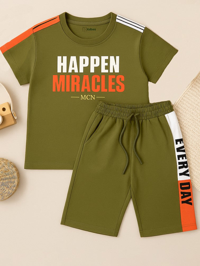Kidbea Boys Cotton T-Shirt and Shorts Set | Summer Co-Ord Outfit for Kids | Olive Green