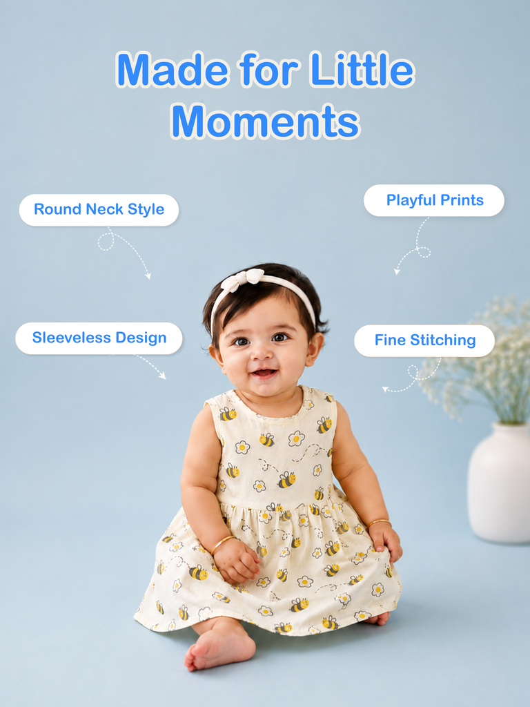 BambooTEC™ Bamboo Muslin Baby Frock – Bee & Daisy Print, Soft & Breathable Dress