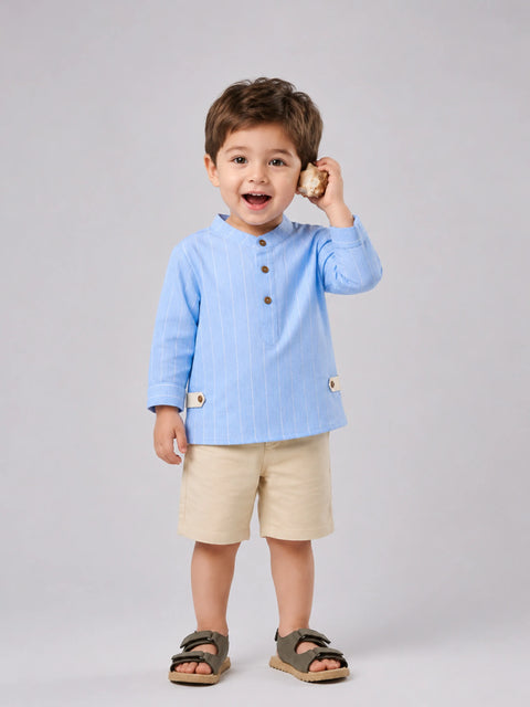 Light Organic Cotton Sky Blue Shirt & Beige Shorts Co-ord Set
