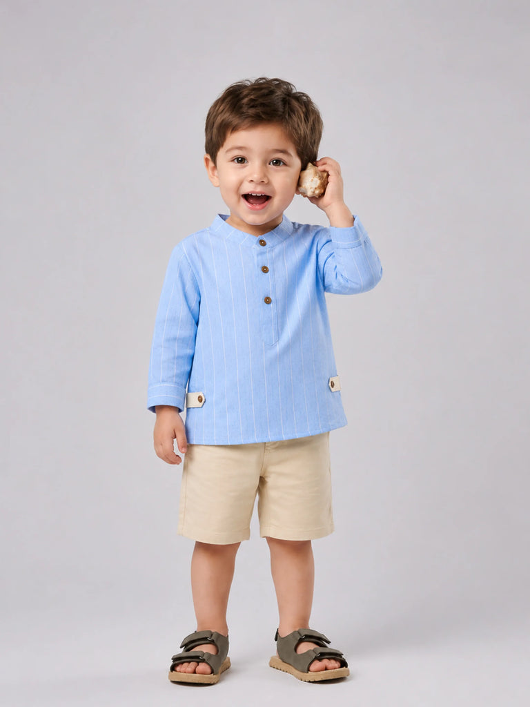 Light Organic Cotton Sky Blue Shirt & Beige Shorts Co-ord Set