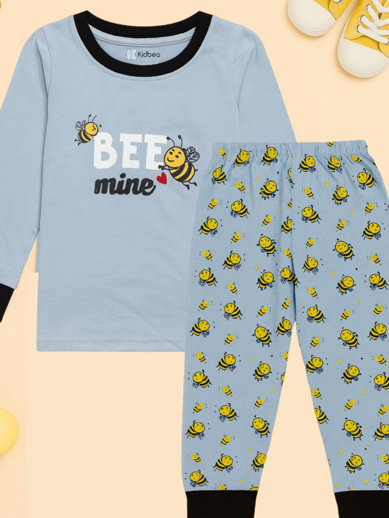 Kidbea Unisex Cotton Nightwear Set for Kids | Soft Breathable Sleepwear with Cute Bee Print & Full Sleeves Top | Blue