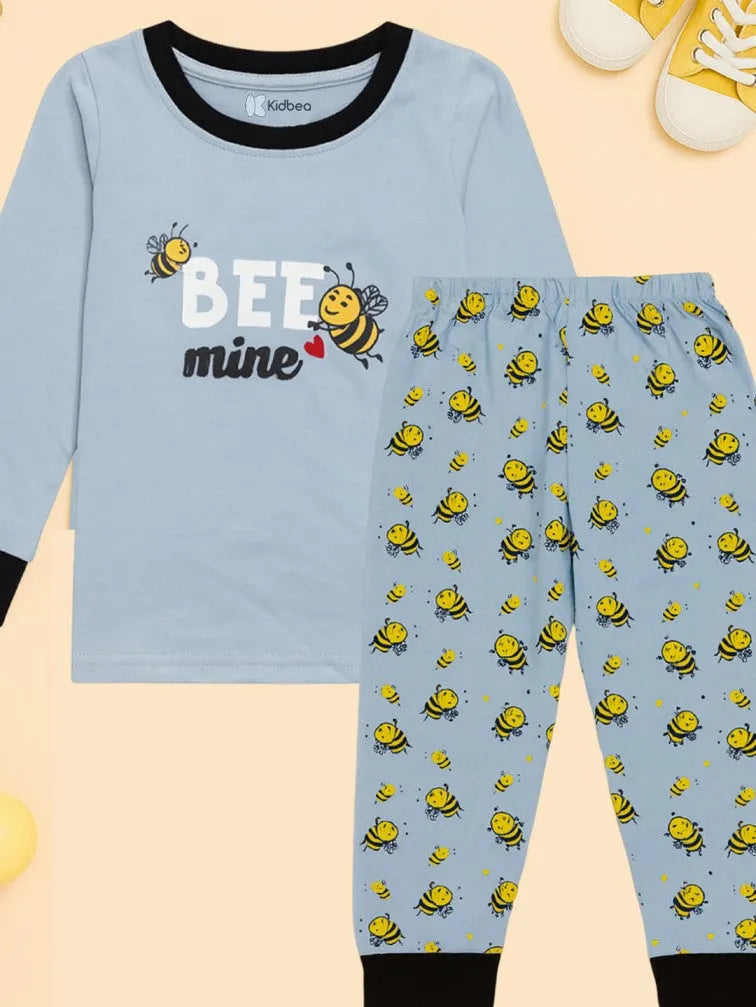 Unisex Cotton Nightwear Set for Kids | Soft Breathable Sleepwear with Cute Bee Print & Full Sleeves Top | Blue