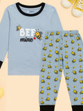 Unisex Cotton Nightwear Set for Kids | Soft Breathable Sleepwear with Cute Bee Print & Full Sleeves Top | Blue