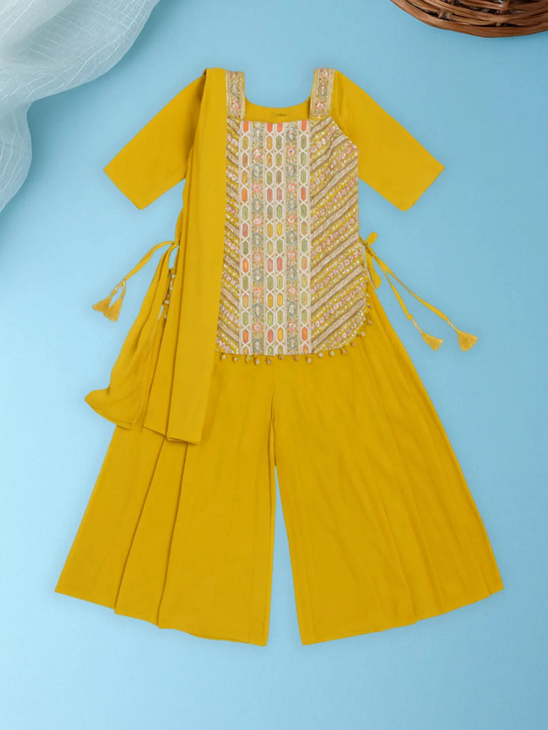 Girls Ethnic Wear Set | Embroidered Kurta with Palazzo & Dupatta | Yellow
