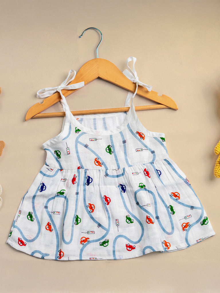 Premium Extra Soft Muslin Baby Girls Frock | Colorful Car Print