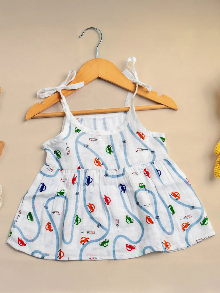 Premium Extra Soft Muslin Baby Girls Frock | Colorful Car Print