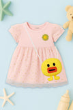 Kidbea Baby Girl Party Dress with Duck Bag | Stylish Frock with Golden Star Print, Puff Sleeves | Birthday Dress for Toddlers & Infants Pink