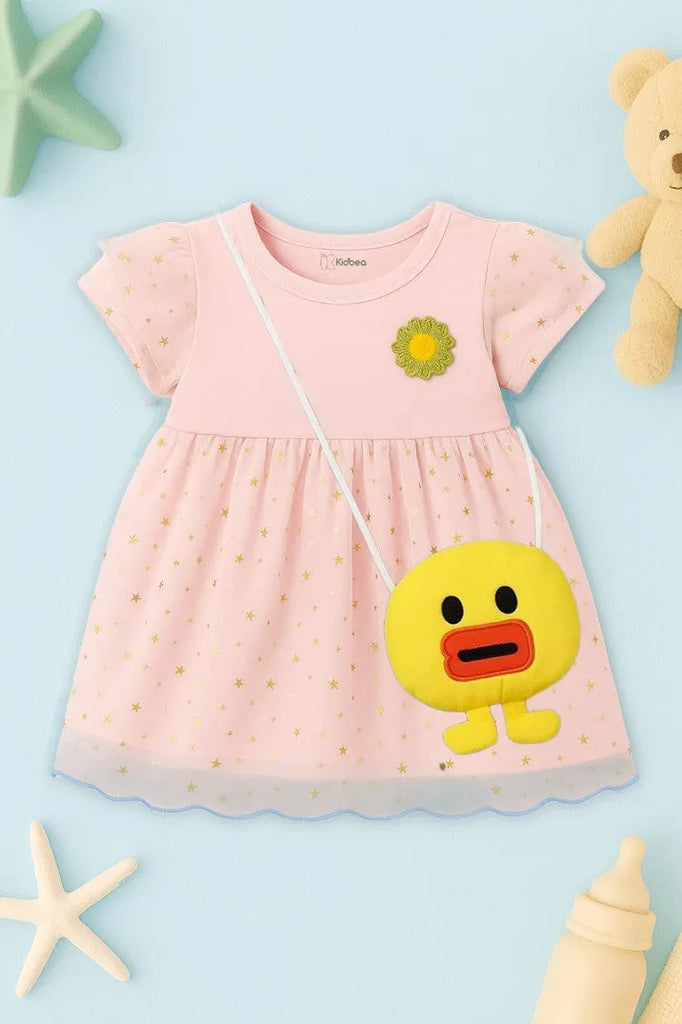 Kidbea Baby Girl Party Dress with Duck Bag | Stylish Frock with Golden Star Print, Puff Sleeves | Birthday Dress for Toddlers & Infants Pink