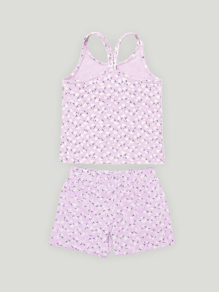 Girls Floral Print Sleeveless Tank Top and Elastic Waist Shorts Clothing Set | Purple