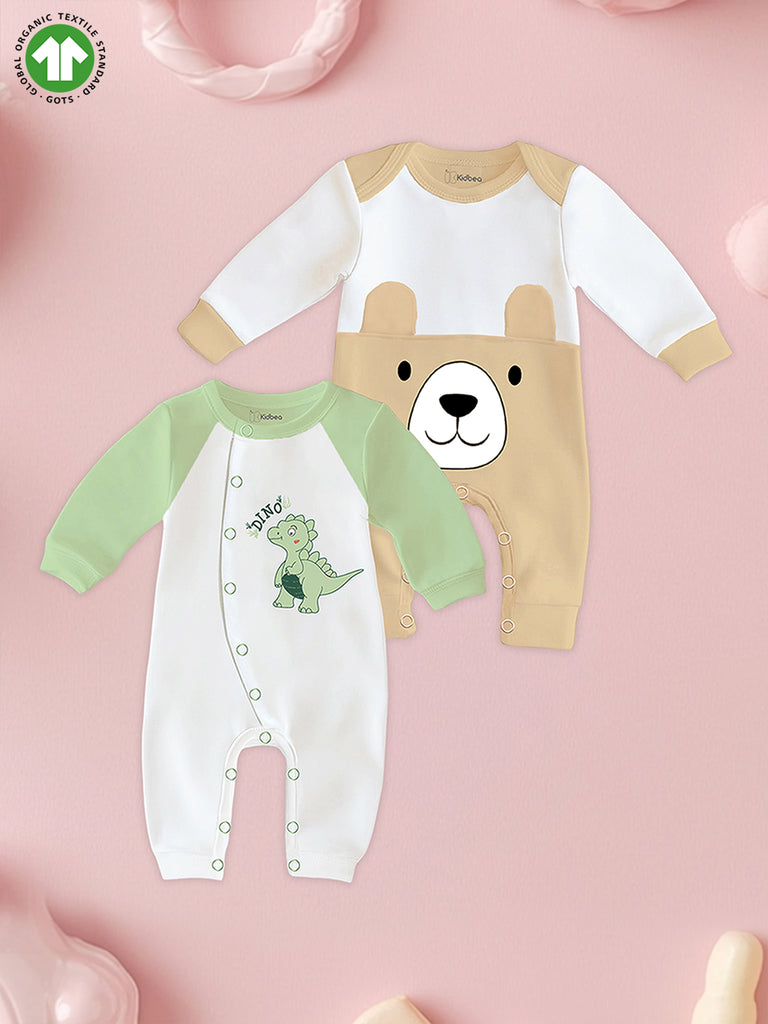 Pack of 2 Full Sleeves 100% Organic cotton Bear | Dinasour Printed Romper – Green & Beige