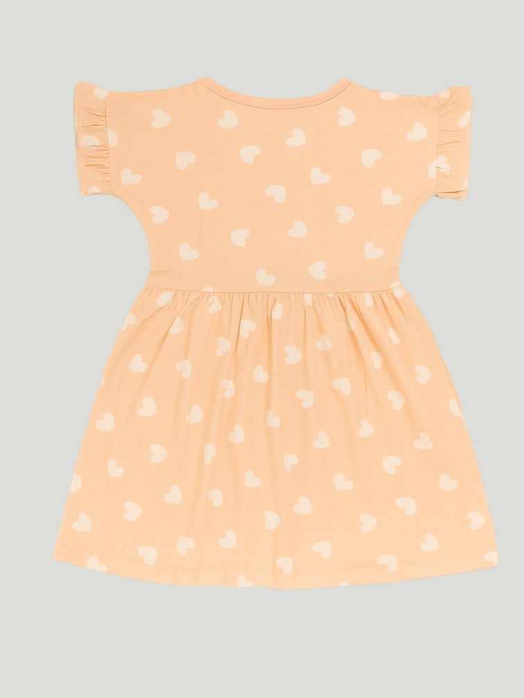 Kidbea Girls Cotton Frock | Heart Printed Dress for Summer | Ruffle Sleeves | Pink