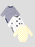 Kidbea 100% Organic cotton baby Pack of 3 onesies Unisex | Strips - Blue, Donut and Pretzel