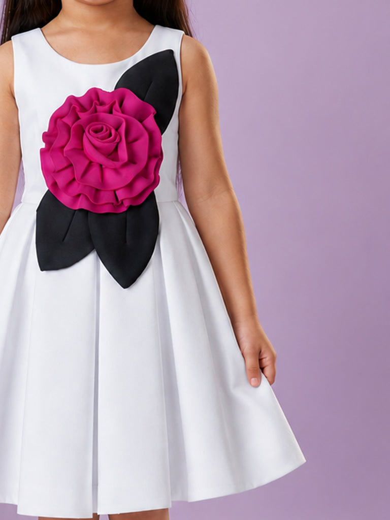 Girls White Partywear Frock – 3D Rose Flower & Leaf Design Dress