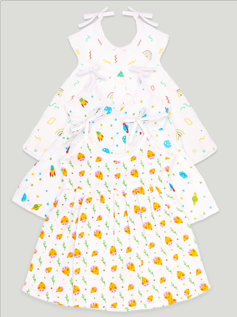 Kidbea Extra Soft Muslin Cotton Frock Cloth for Baby Girl | Pack of 3 | Rainbow, Space and Cute Chick | Print May Vary
