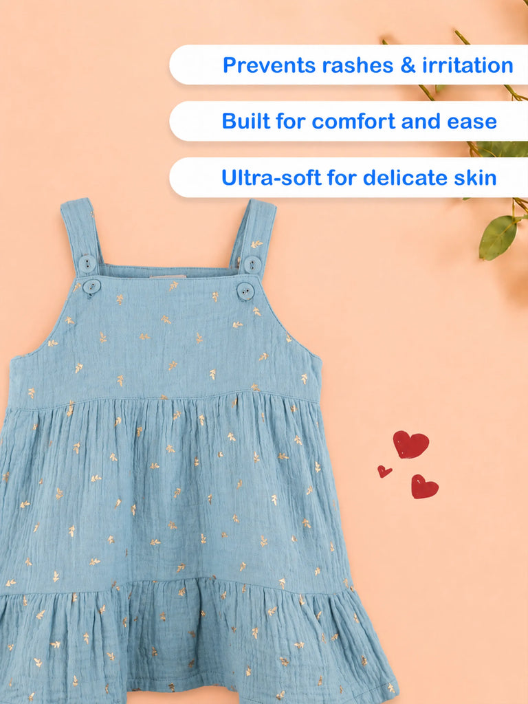 Girls Organic Cotton Sky Blue Floral Print Dress & Bloomers Set with Headband