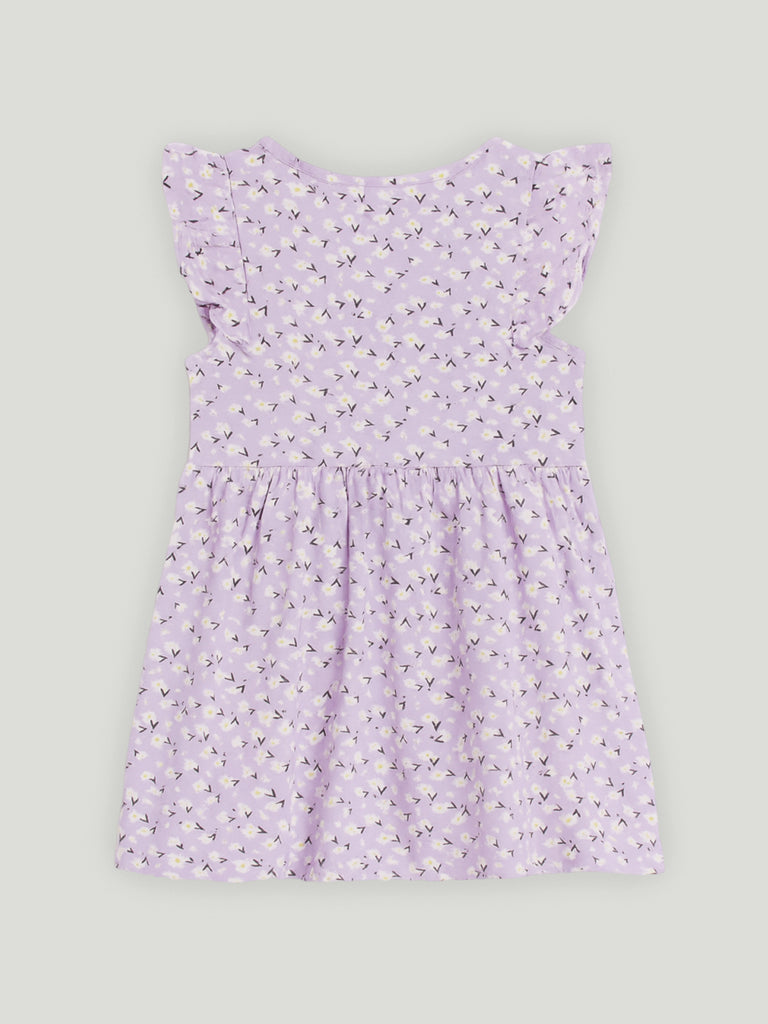 Kidbea Girls Cotton Frock | Floral Printed Dress with Ruffle Sleeves | Casual & Trendy Dress | Lavender