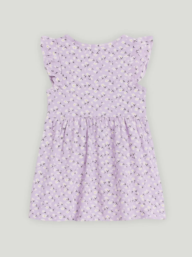 Kidbea Girls Cotton Frock | Floral Printed Dress with Ruffle Sleeves | Casual & Trendy Dress | Lavender