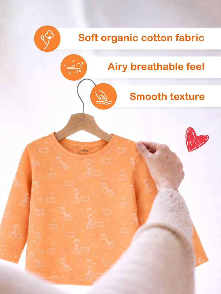 Organic Cotton Unisex Baby Co-ord Set – Soft Breathable Orange Giraffe Print Full Sleeve T-shirt & Pyjama for Infants
